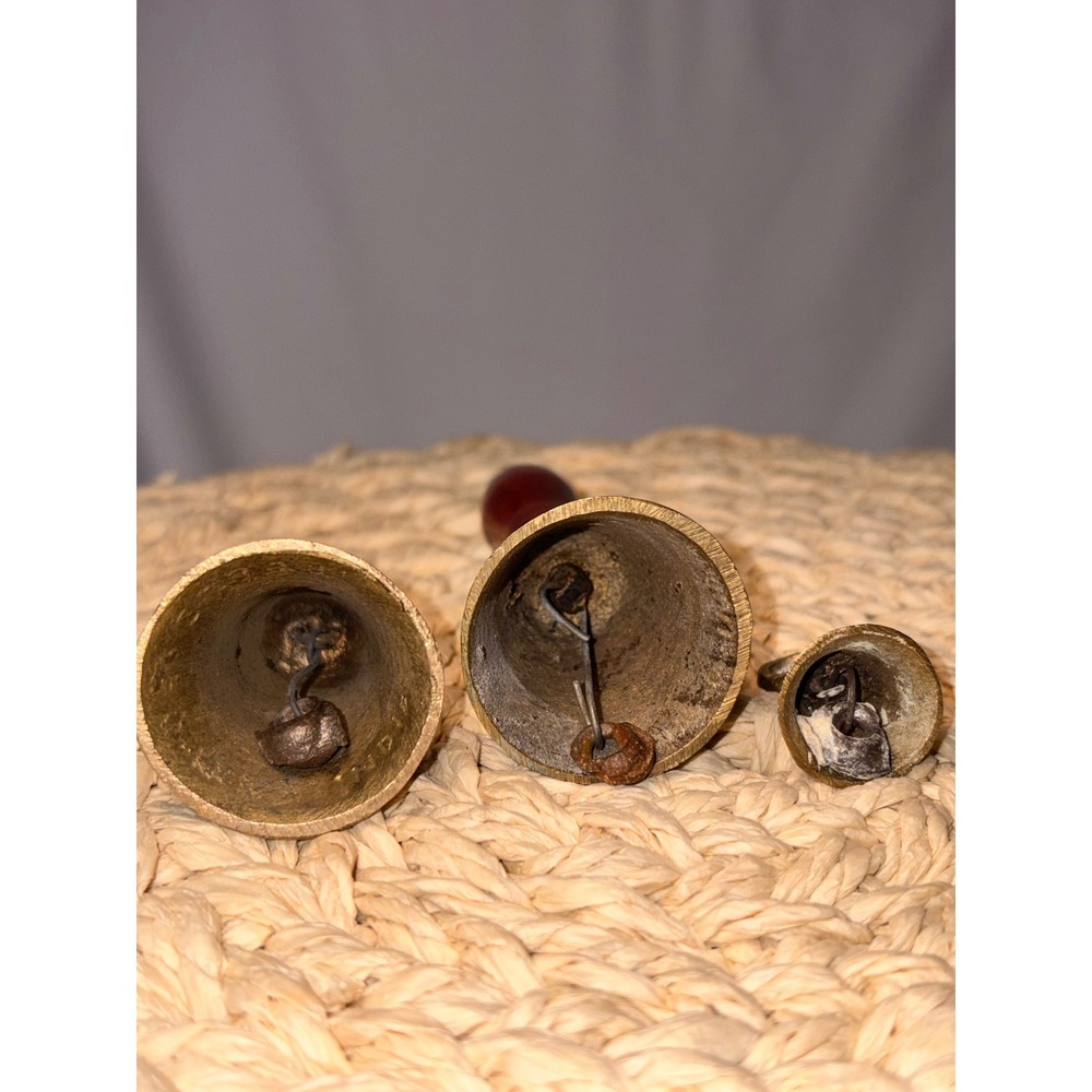 Brass Hand Bells Set of 3 Engraved Bell Wooden Handle School Dinner Bells - Picture 2 of 5